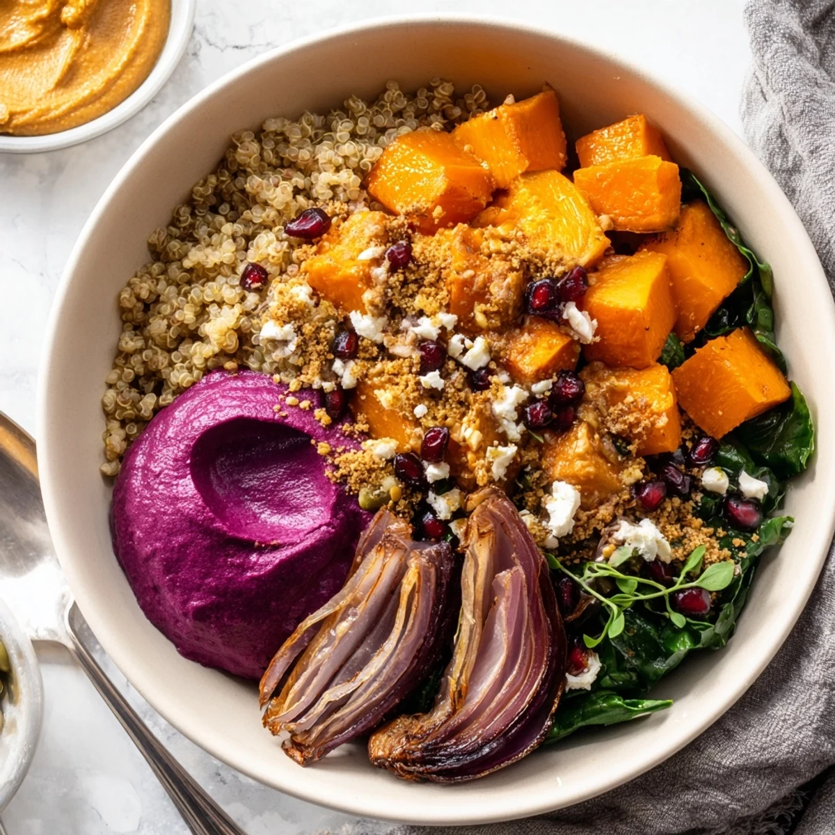 Cozy spiced winter bowls filled with roasted veggies and vibrant ube-coconut purée.  