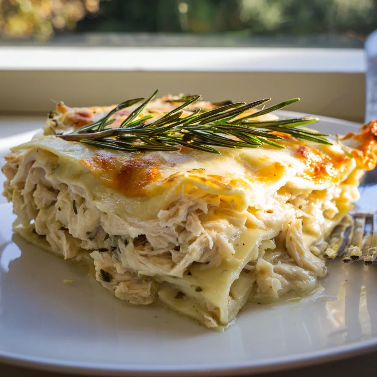 Savory rosemary chicken lasagna layered with creamy béchamel and melted mozzarella.  