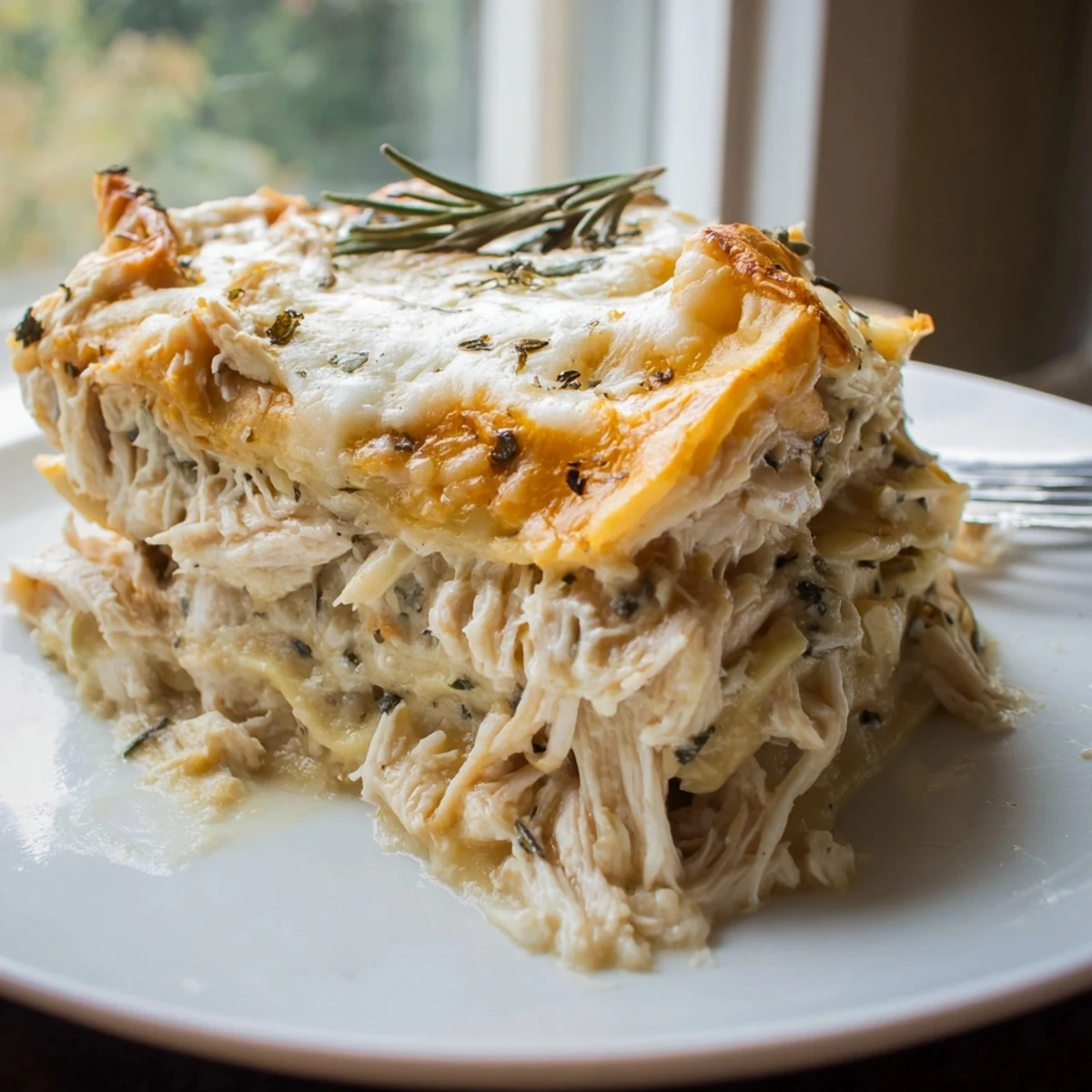Golden, bubbling rosemary chicken lasagna fresh from the oven, ready to serve.  