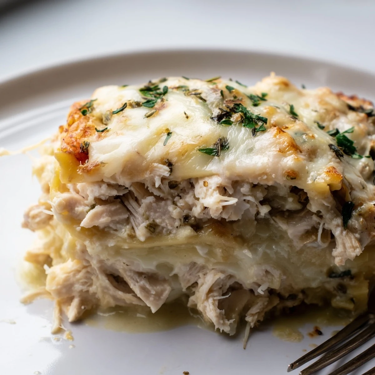 Comforting rosemary chicken lasagna, packed with flavor and served with spinach.