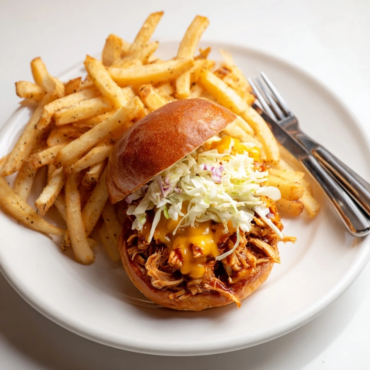Tender BBQ chicken sliders topped with coleslaw, served alongside golden crispy fries.