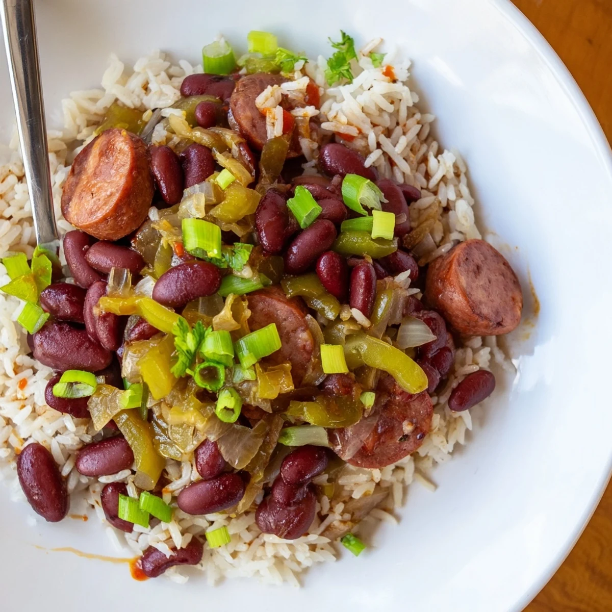 Hearty red beans and rice topped with fresh parsley and green onions.  