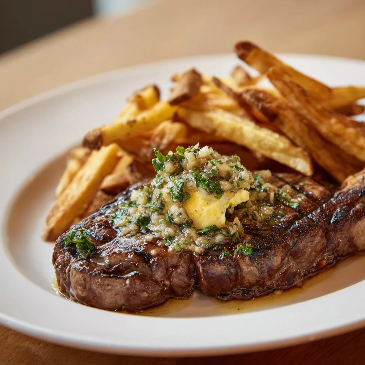 Imagine a close-up of the delicious Steakhouse Garlic Butter Steak & Fries with melting herb butter.
