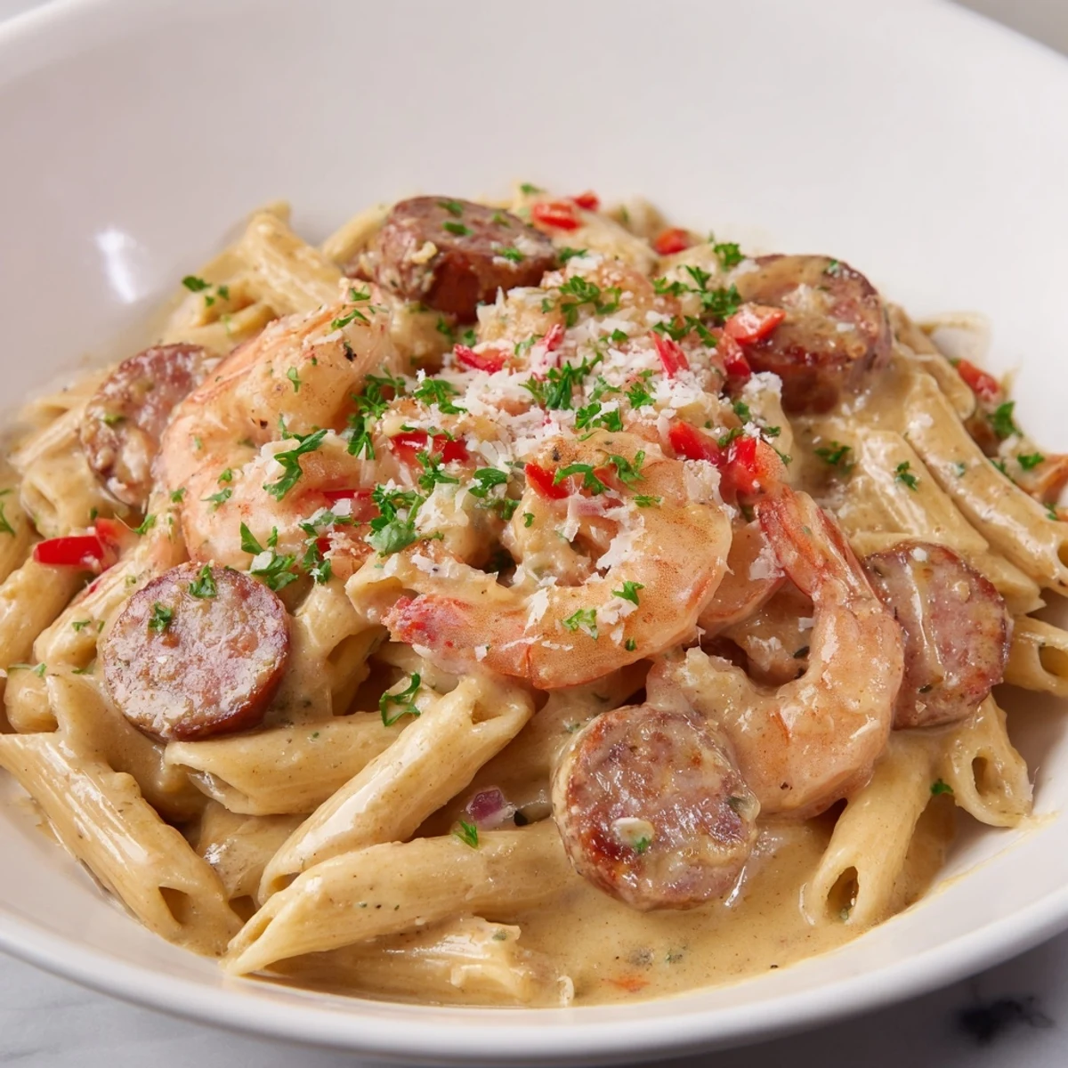 Spicy Cajun Sausage & Shrimp Alfredo Pasta Skillet served with garlic bread.  