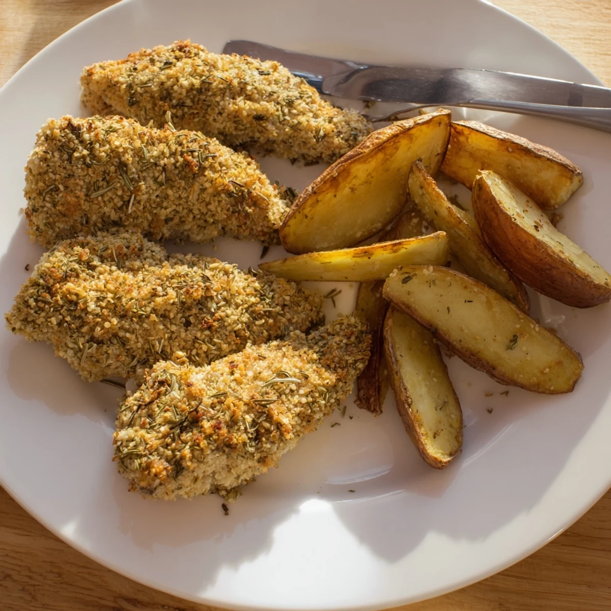 Golden herbed chicken tenders and crispy potato wedges, a comforting family meal ready to enjoy.
