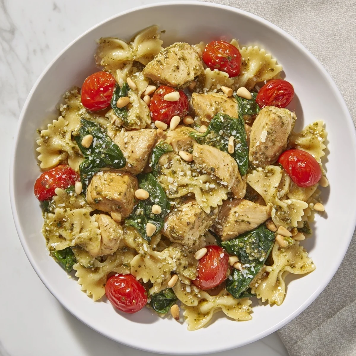 Creamy pesto chicken bowtie pasta, a colorful dish with chicken and fresh basil.