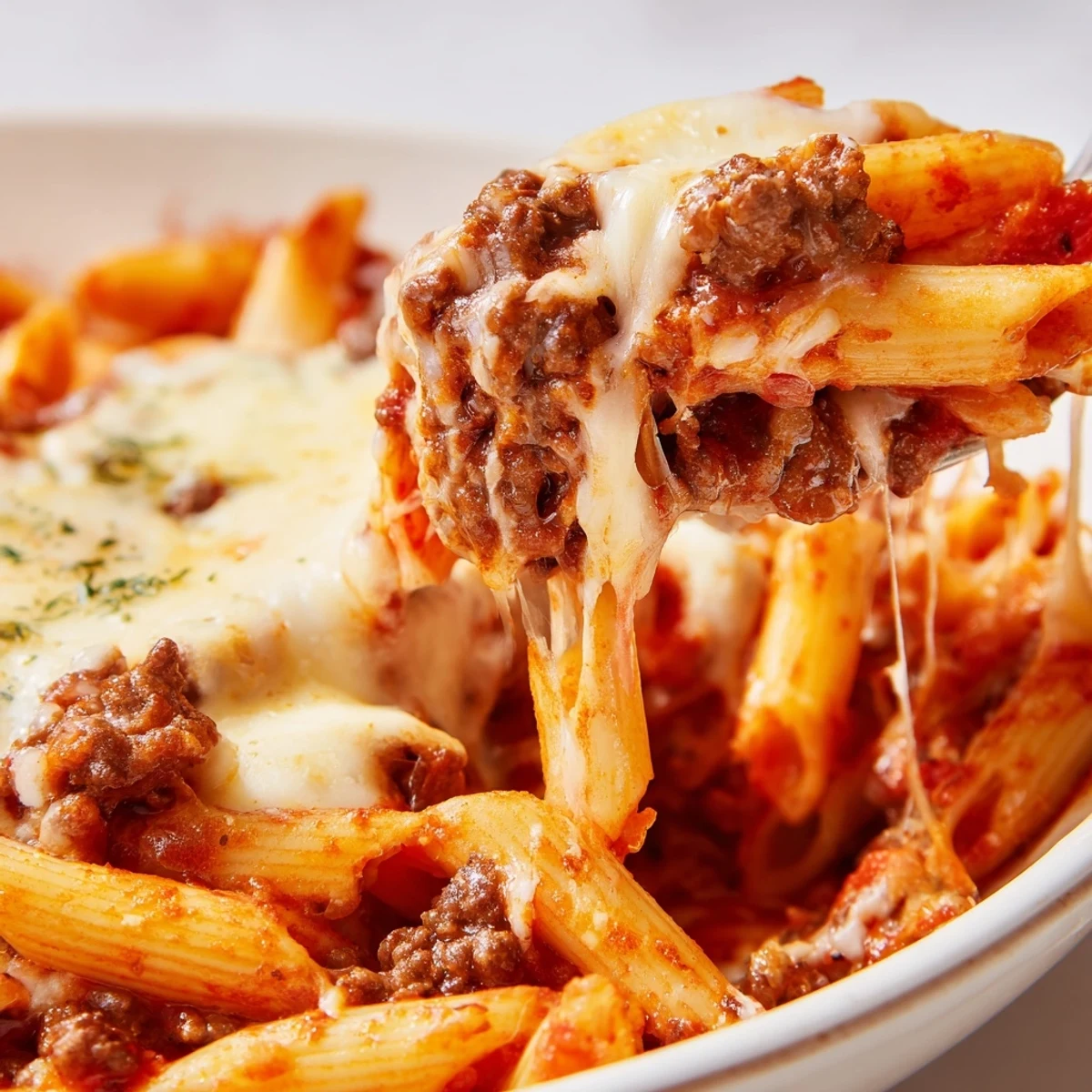 Steaming hot close-up of cheesy Beef & Penne Bake, showing melted mozzarella and browned ground beef.