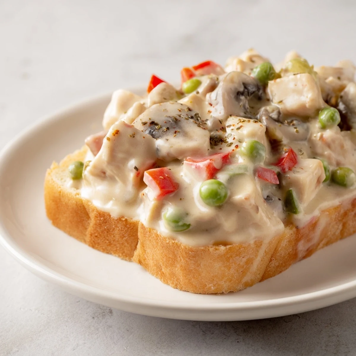 Creamy Chicken à la King over toast, a warm and comforting dish with golden, toasted bread.
