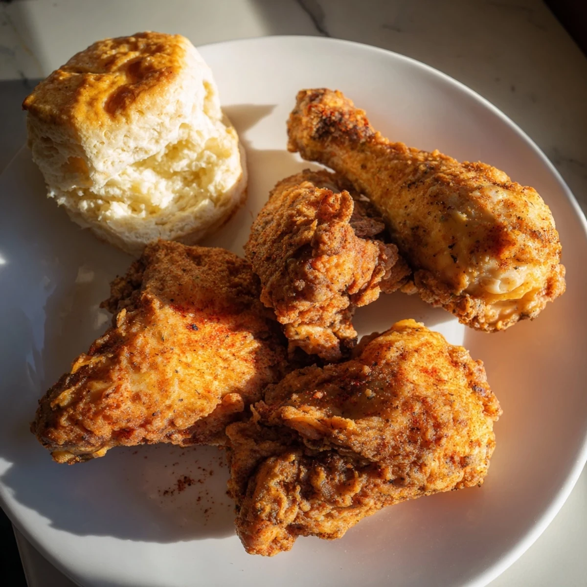 Golden-brown Southern Fried Chicken served with warm, fluffy buttermilk biscuits ready to eat.
