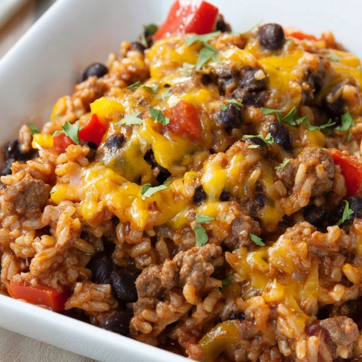 Steaming Tex-Mex Beef & Rice Casserole, bubbly cheese topping a hearty mix of ground beef and rice.