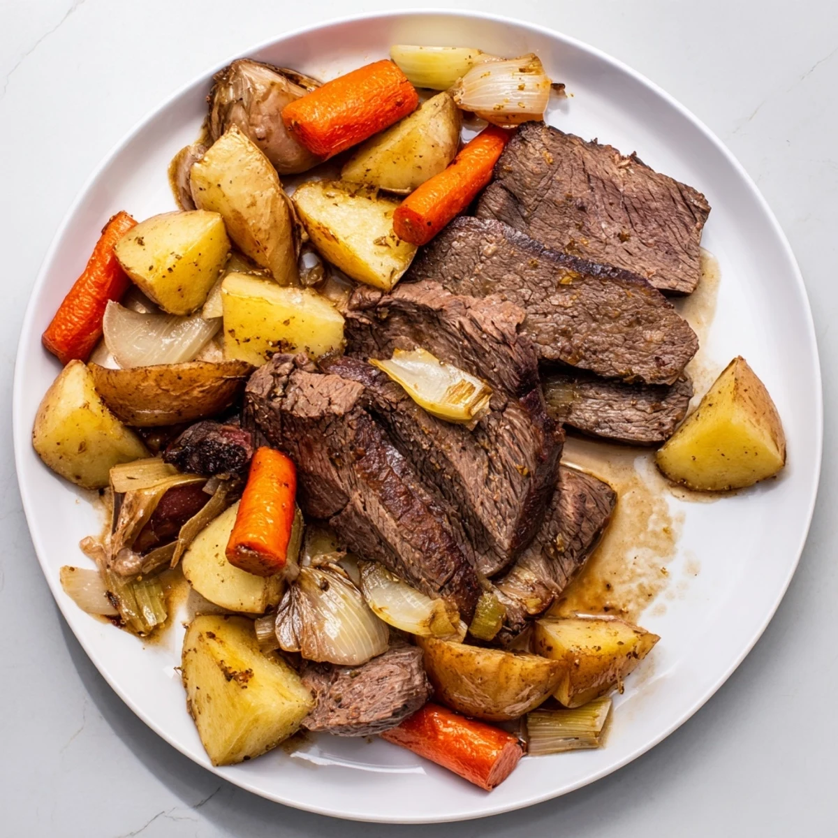 Close-up shot of a succulent Sunday Pot Roast with roasted carrots and potatoes, perfect for dinner.