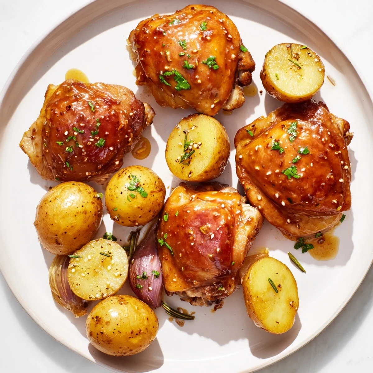 A flavorful plate of honey mustard chicken with tender potatoes, ideal for sharing with loved ones.