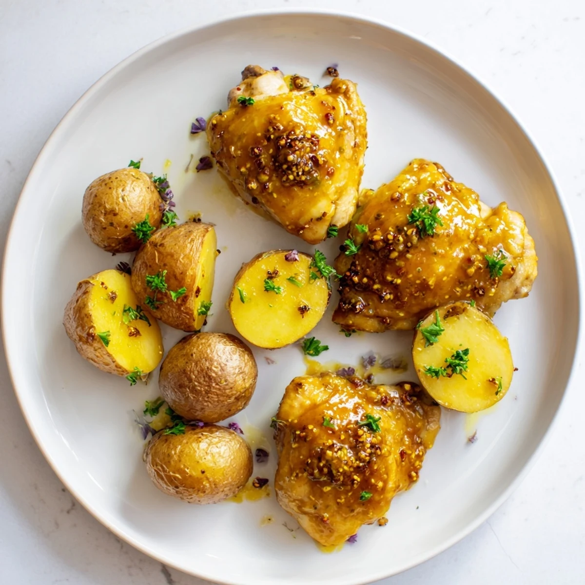 Golden brown honey mustard chicken with crispy roasted potatoes, perfect for a cozy dinner.