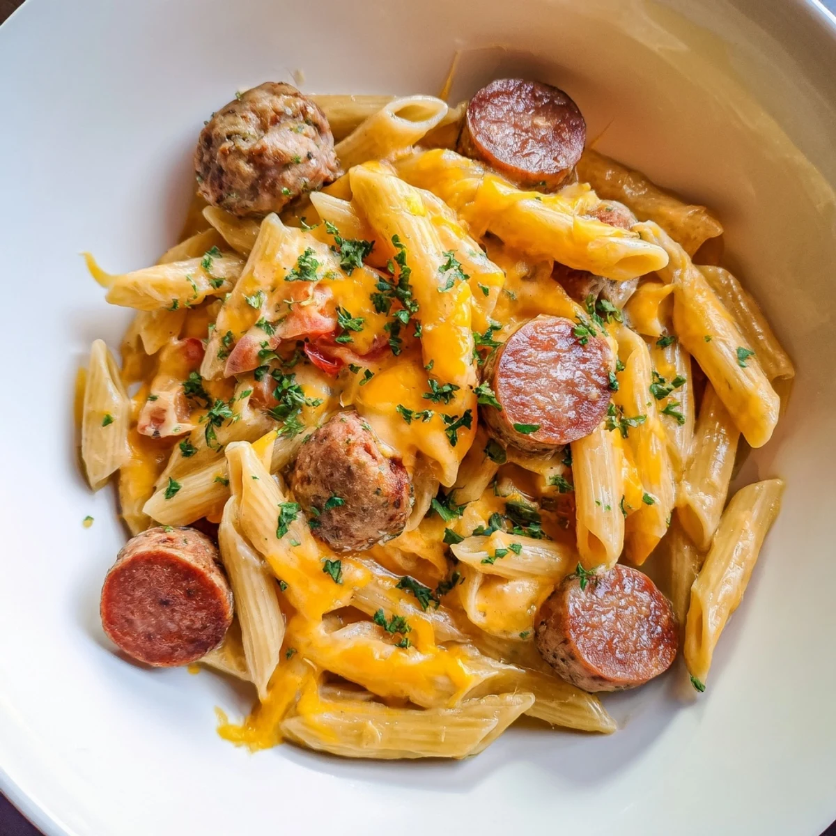 Golden bubbling Smoked Sausage & Cheddar Pasta Bake with melted cheese, perfect for a cozy dinner.