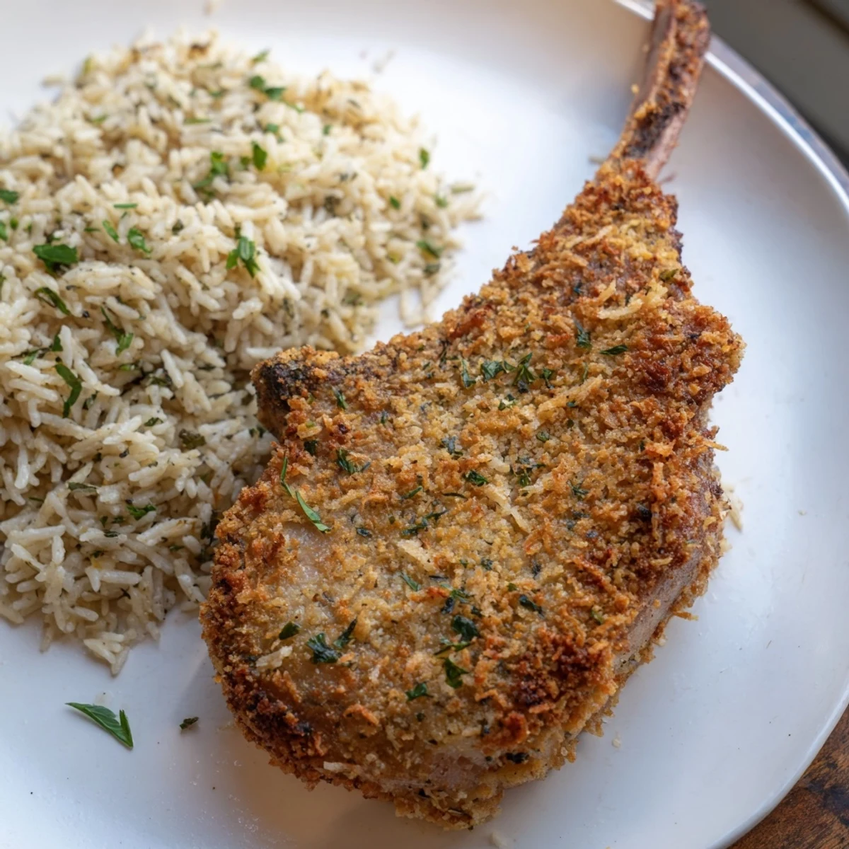 Golden-brown Parmesan Herb Pork Chops, served over fluffy rice, a comforting American classic.