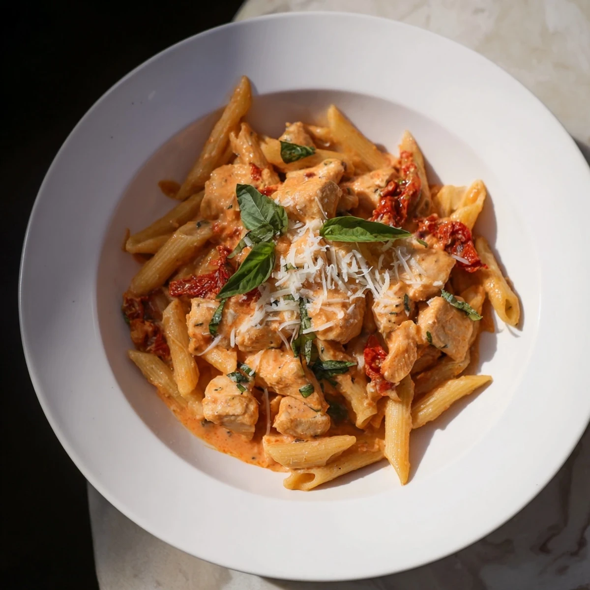 Creamy Tomato Basil Chicken Pasta: A close-up view of the finished dish with vibrant red sauce and fresh basil.
