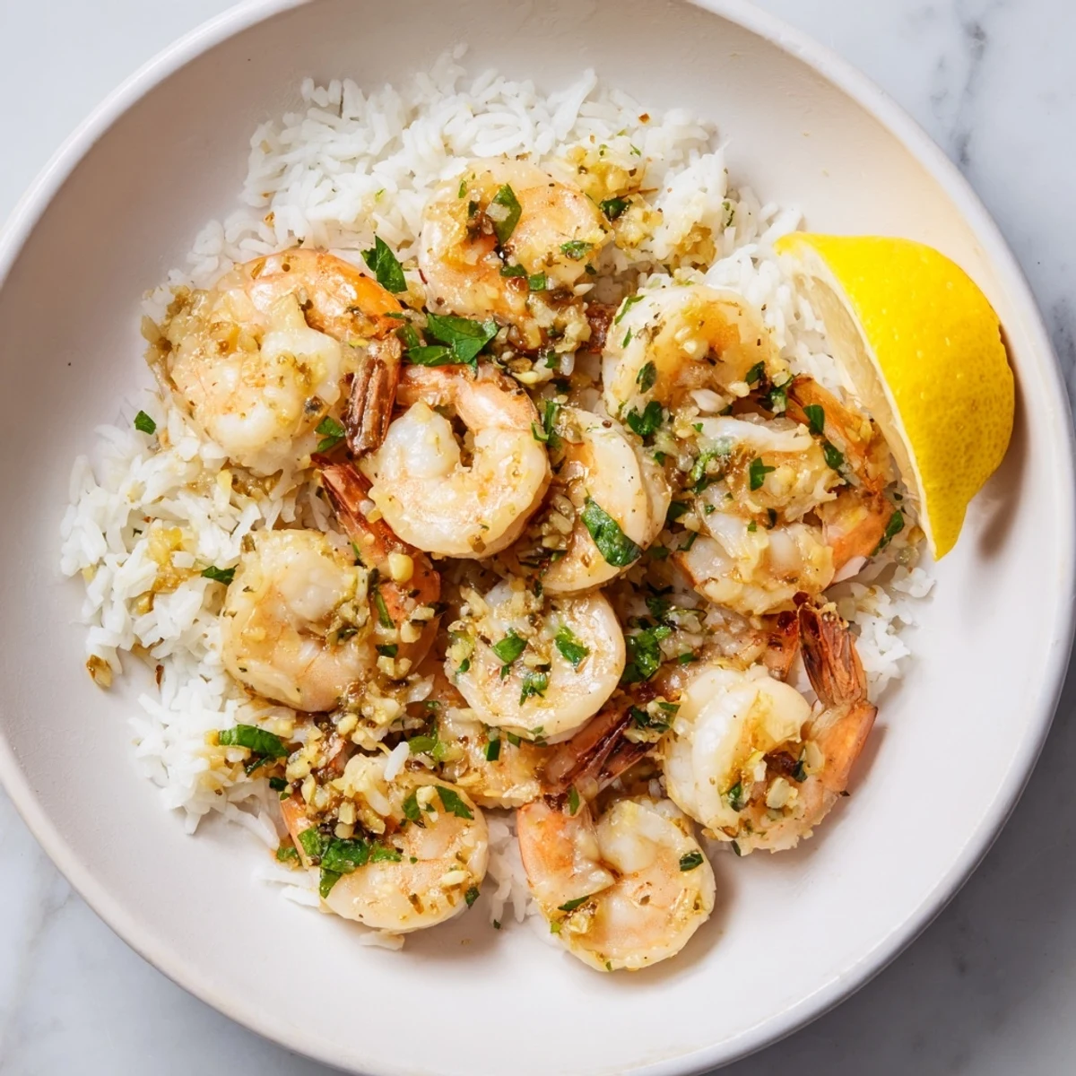 Vibrant plate: Flavorful garlic butter shrimp rice bowl, a pescatarian delight with fresh lemon garnish.