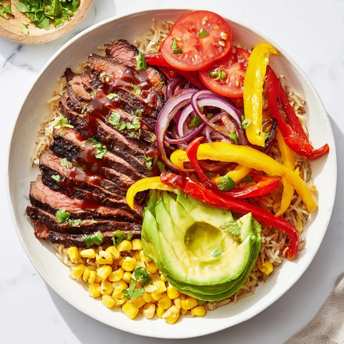 A hearty BBQ Steak Fajita Bowl overflowing with juicy steak, fresh toppings, and flavorful rice—a delicious meal.