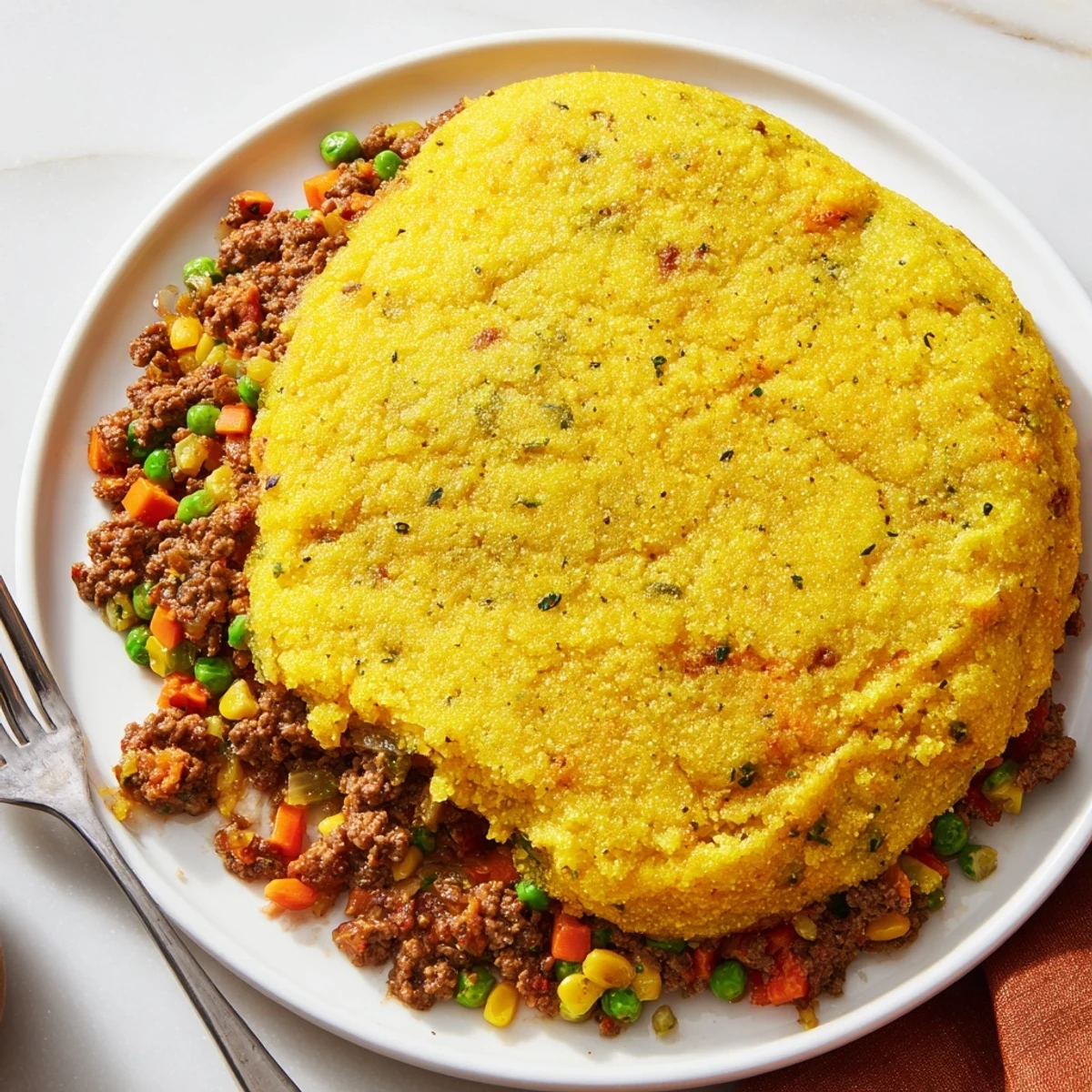 Golden brown cornbread crust topping a savory, bubbling Cornbread Crusted Beef Pie, ready to eat.
