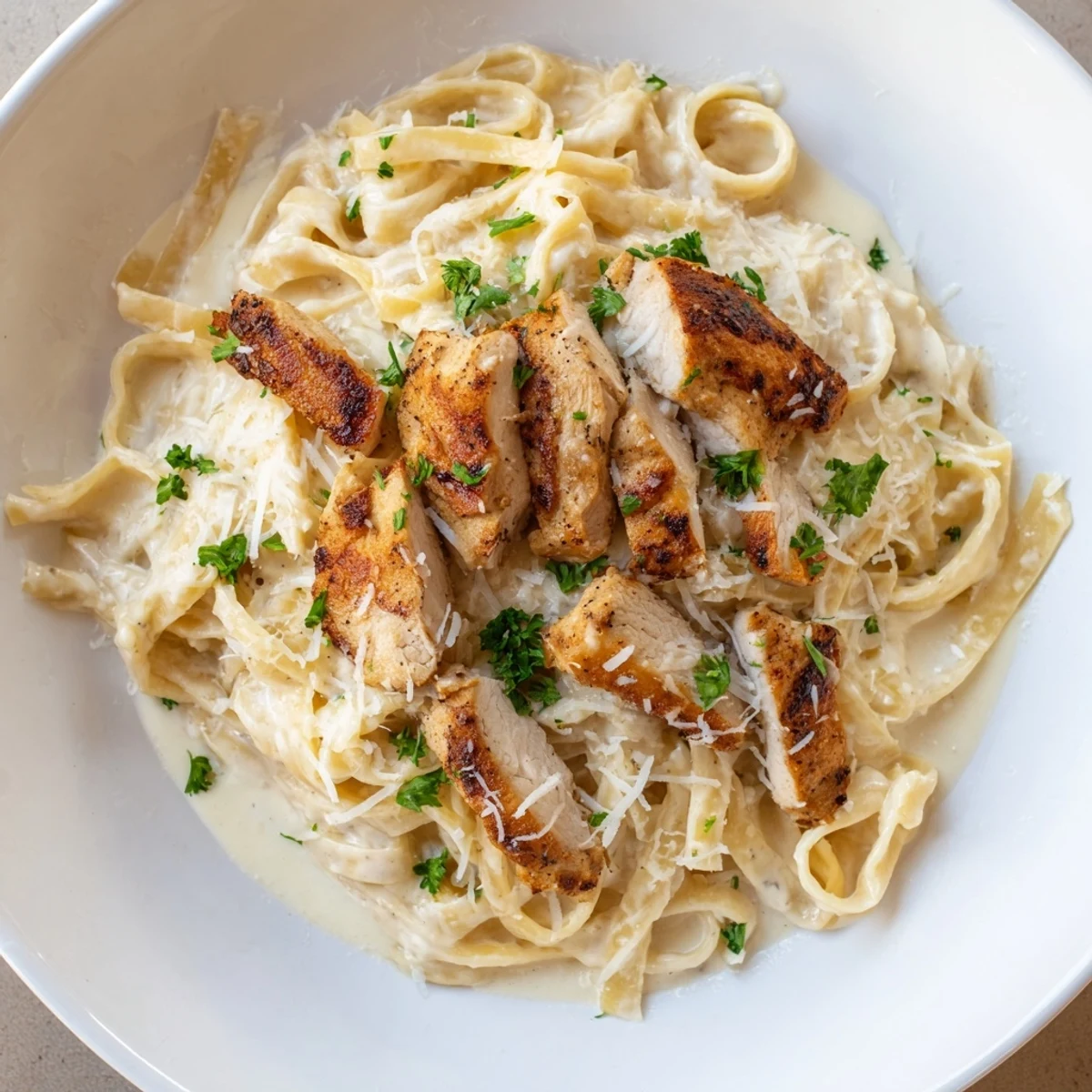 Creamy plate of Spicy Cajun Chicken Alfredo with vibrant parsley garnish for a perfect meal.