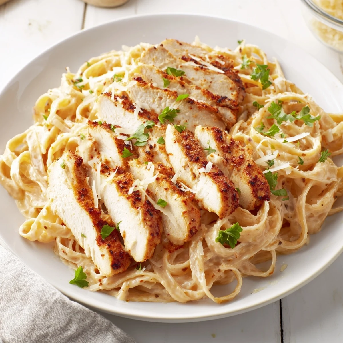 Sizzling, golden-brown chicken tops a plate of Spicy Cajun Chicken Alfredo, ready to serve with extra cheese.