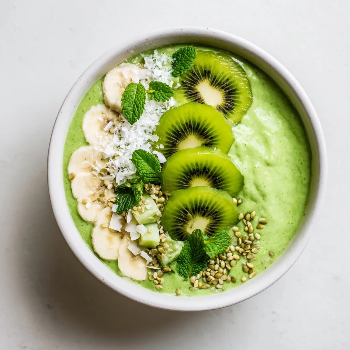 A close-up of a brightly colored green smoothie bowl with kale, ready to be enjoyed!