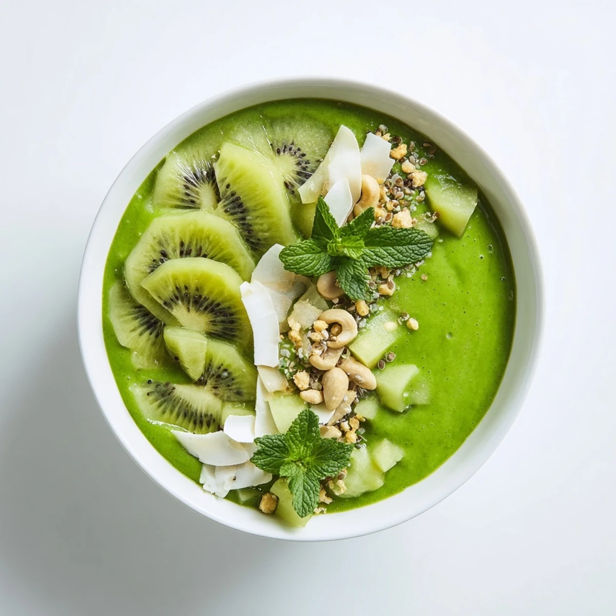 This vibrant green smoothie bowl, featuring kale, cucumber, and kiwi, is a refreshing breakfast delight.