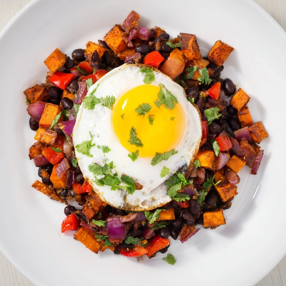 Golden-brown Sweet Potato & Black Bean Breakfast Hash topped with perfectly cooked sunny-side-up eggs.