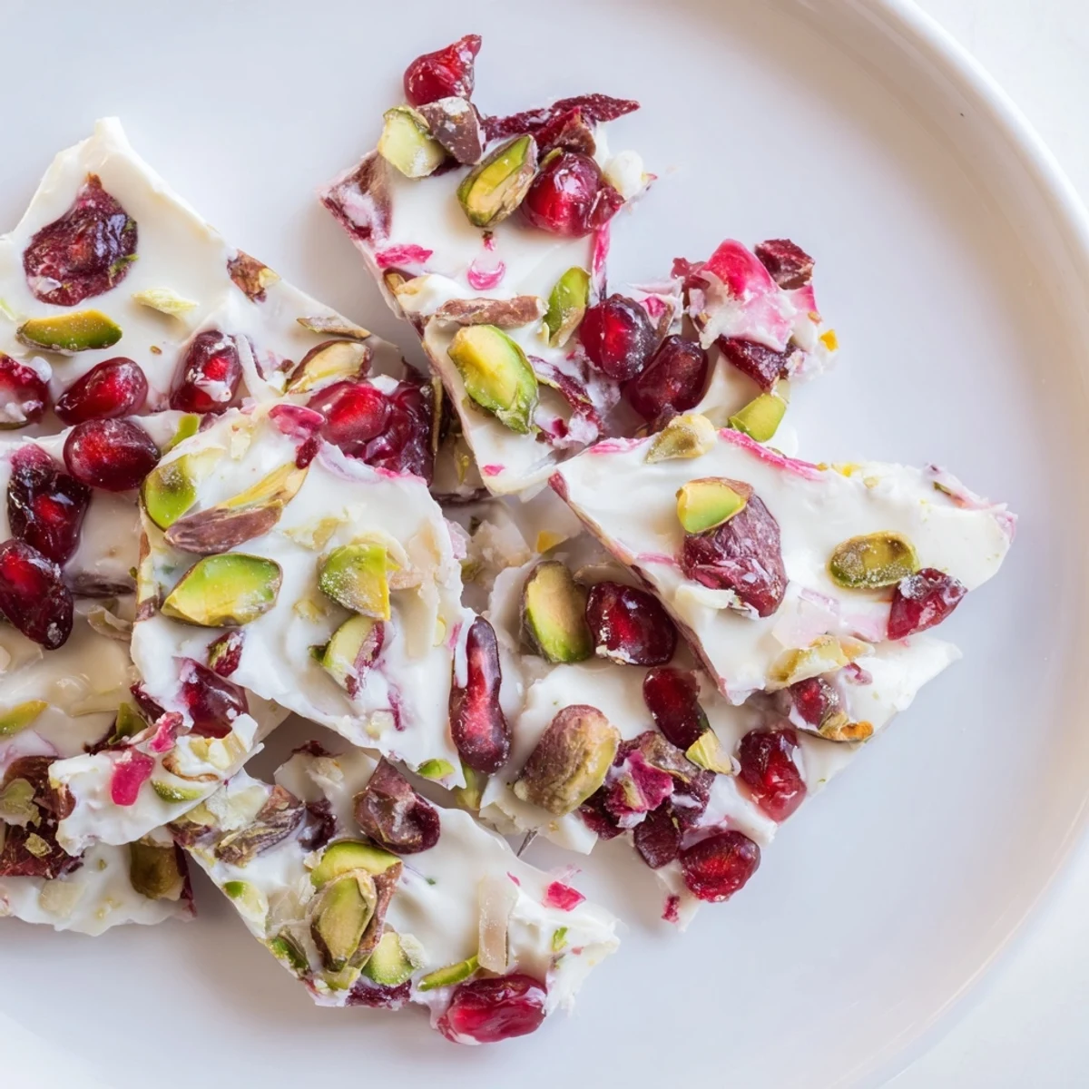 Vibrant Frozen Yogurt Bark featuring juicy pomegranate seeds and crunchy pistachios in a delightful dessert.