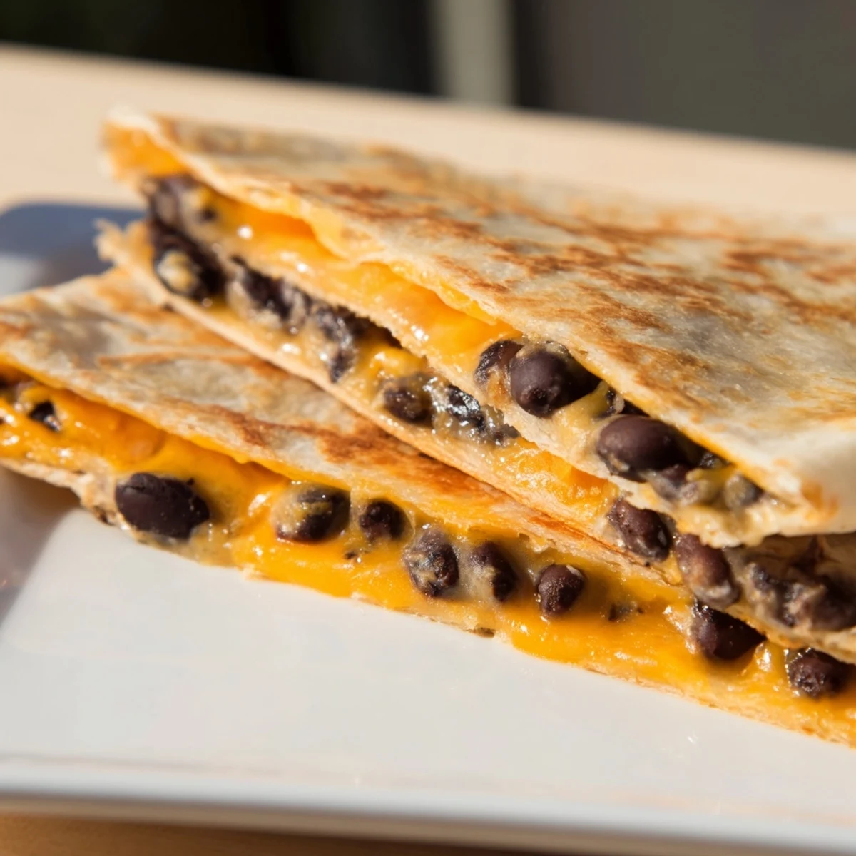 Golden-brown Bean & Cheese Quesadillas, oozing melted cheese, are sliced and ready to serve with toppings.