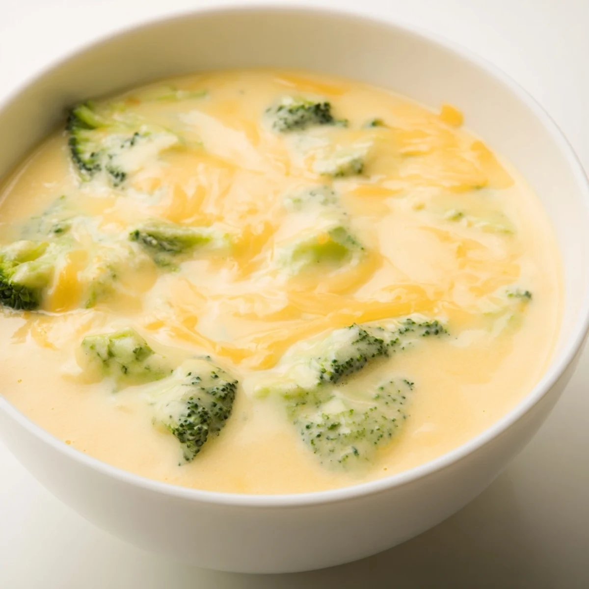 A close-up shot of a rich, golden Broccoli Cheese Soup, ready to be served hot.