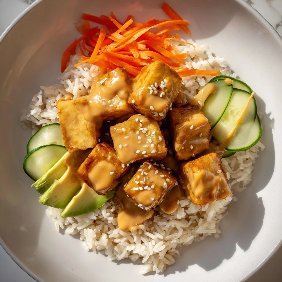 Savory chili-mayo baked tofu bowls, with golden, crispy tofu atop fluffy rice and fresh veggies.