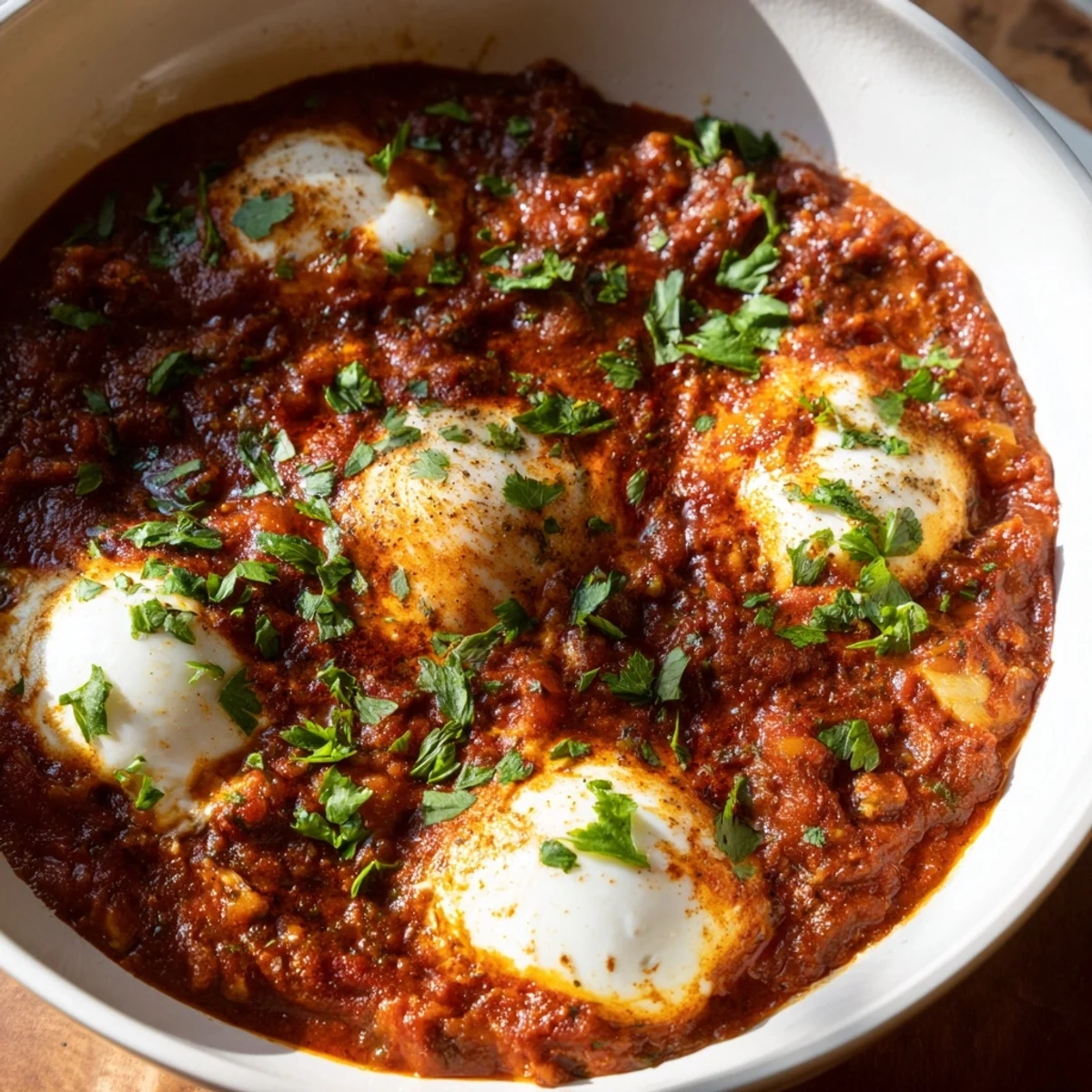 Close-up of golden yolks and flavorful tomato sauce in a delicious Shakshuka, perfect for breakfast.