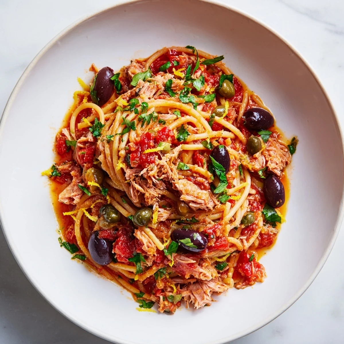 Pasta with Tuna, Olives & Capers: a close-up of a flavorful, Mediterranean pasta dish, ready to serve.