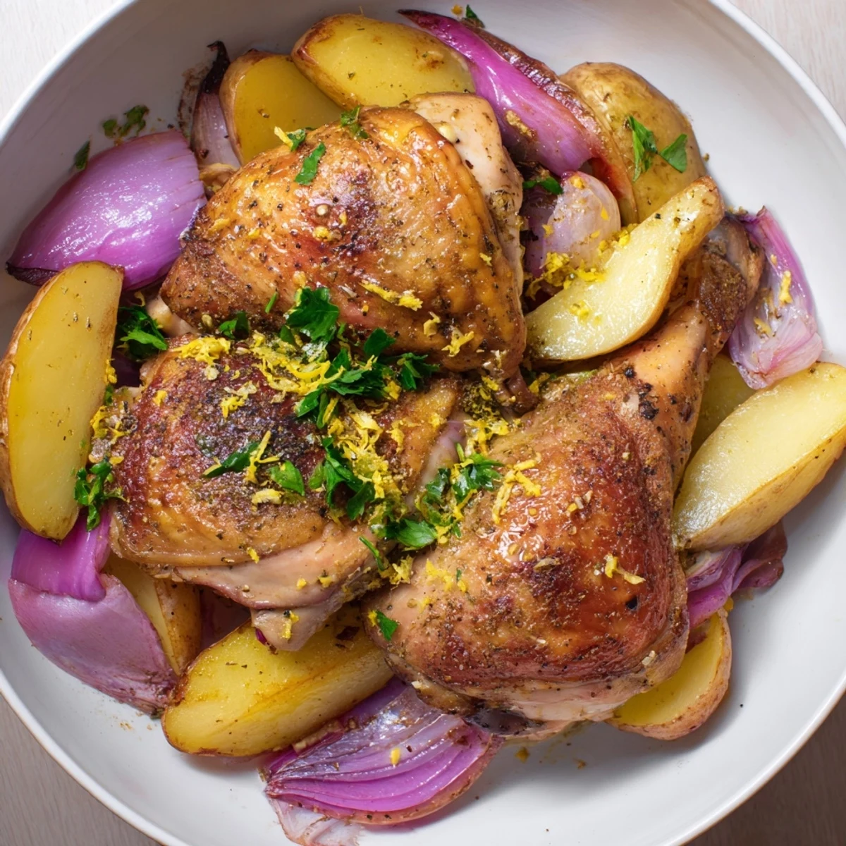 Golden Greek Lemon Chicken and Potatoes: aromatic roasted chicken and potatoes with a gleaming lemon glaze.