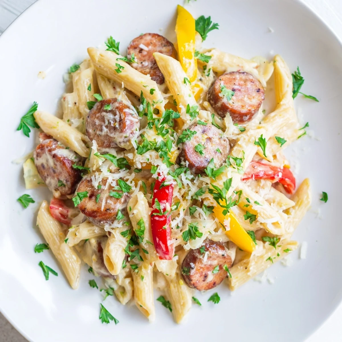 Cajun Spiced Smoked Sausage Alfredo: a steaming bowl of creamy pasta with savory sausage and fresh parsley.
