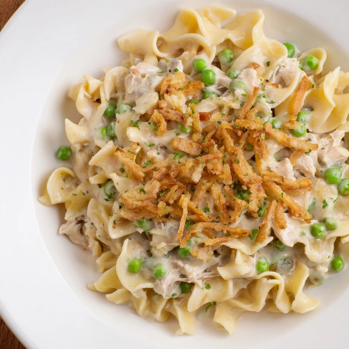 Golden-brown Tuna Noodle Casserole with a crispy onion topping, perfect for an easy weeknight family meal.