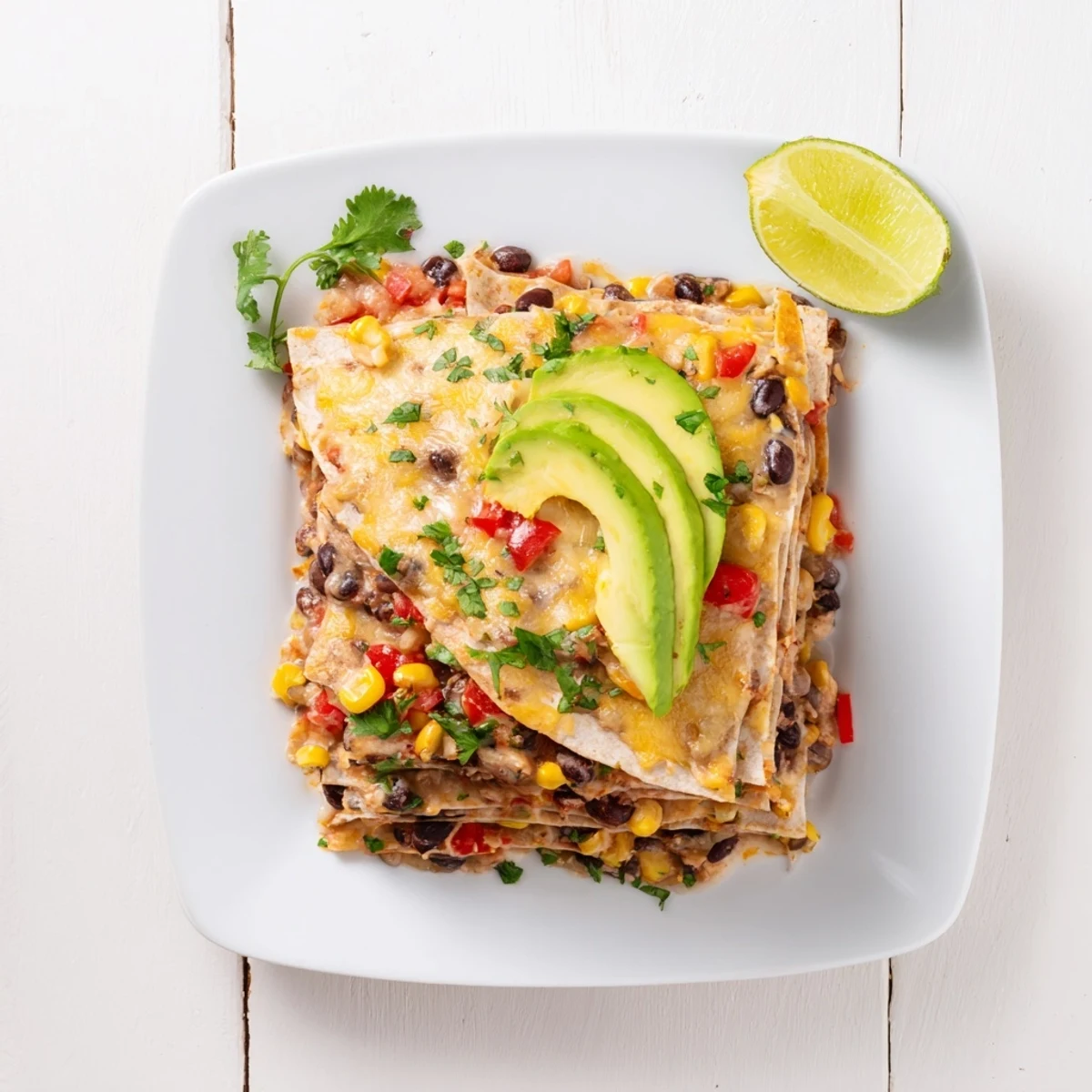 A close-up view of the hearty Quick Black Bean and Corn Tortilla Casserole, garnished with fresh cilantro and avocado.