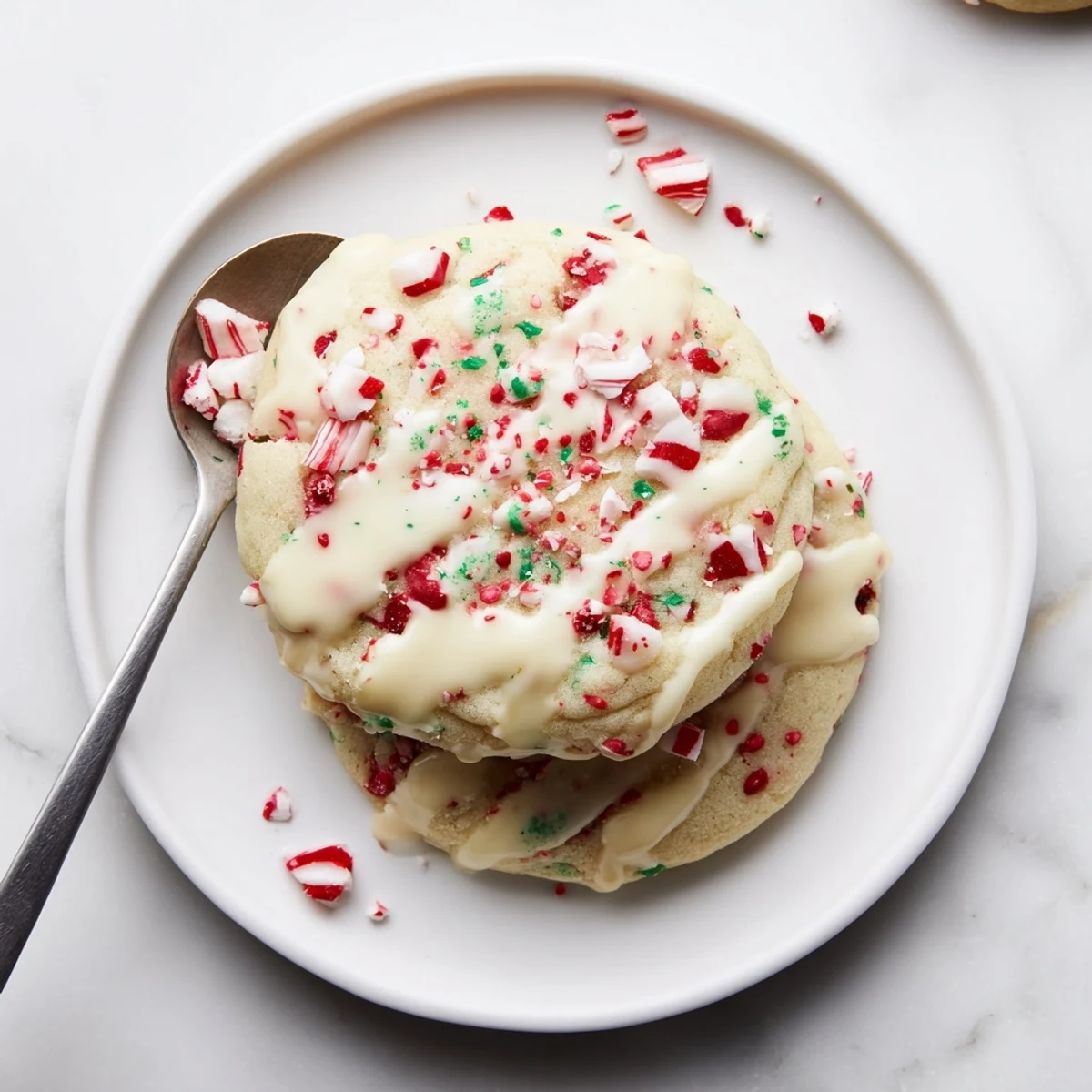 Warm, freshly baked White Chocolate Peppermint Bark Cookies, a delightful Christmas cookie treat.
