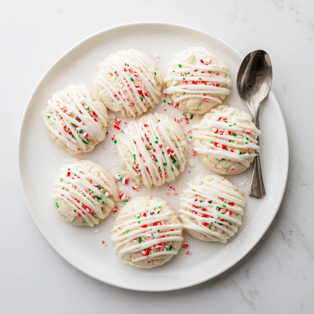Delicious homemade White Chocolate Peppermint Bark Cookies ready to be enjoyed with a hot drink.