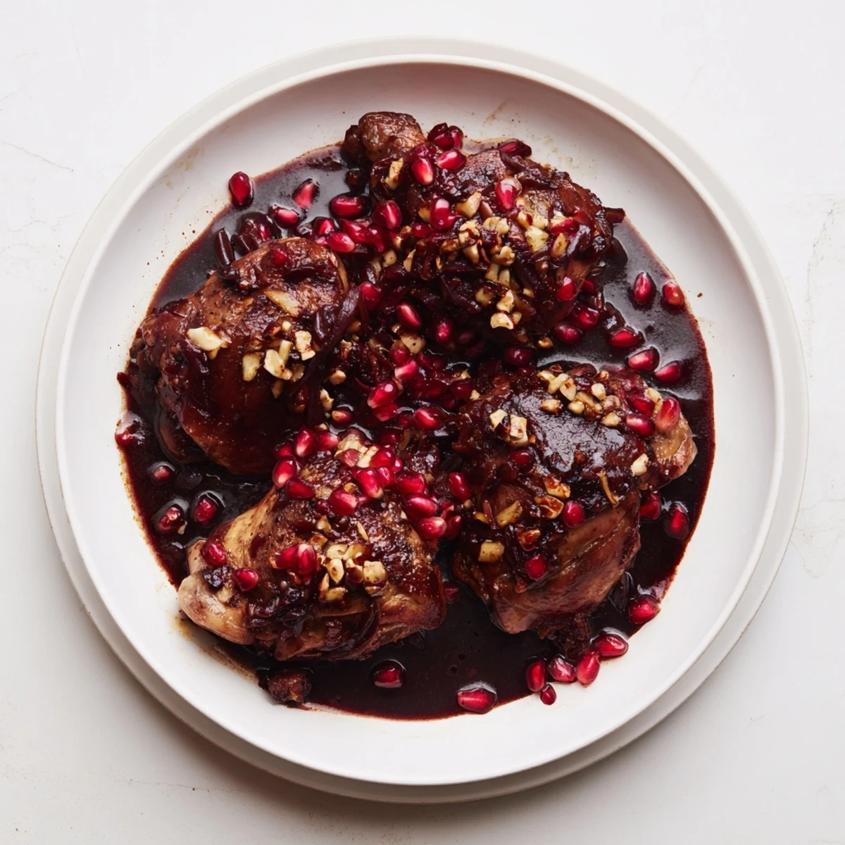 Golden-brown Budget Fesenjan Stew with Chicken Thighs, ready to be served over fluffy rice.