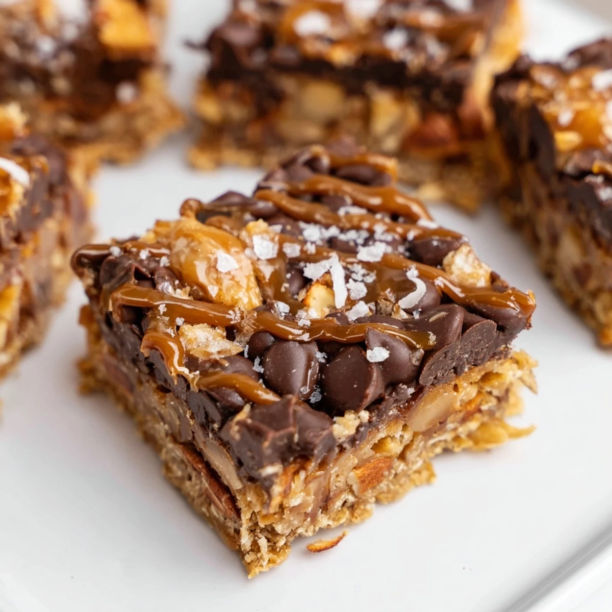 Golden-brown 7-Layer Magic Bars with a drizzle; the perfect sweet and salty dessert.