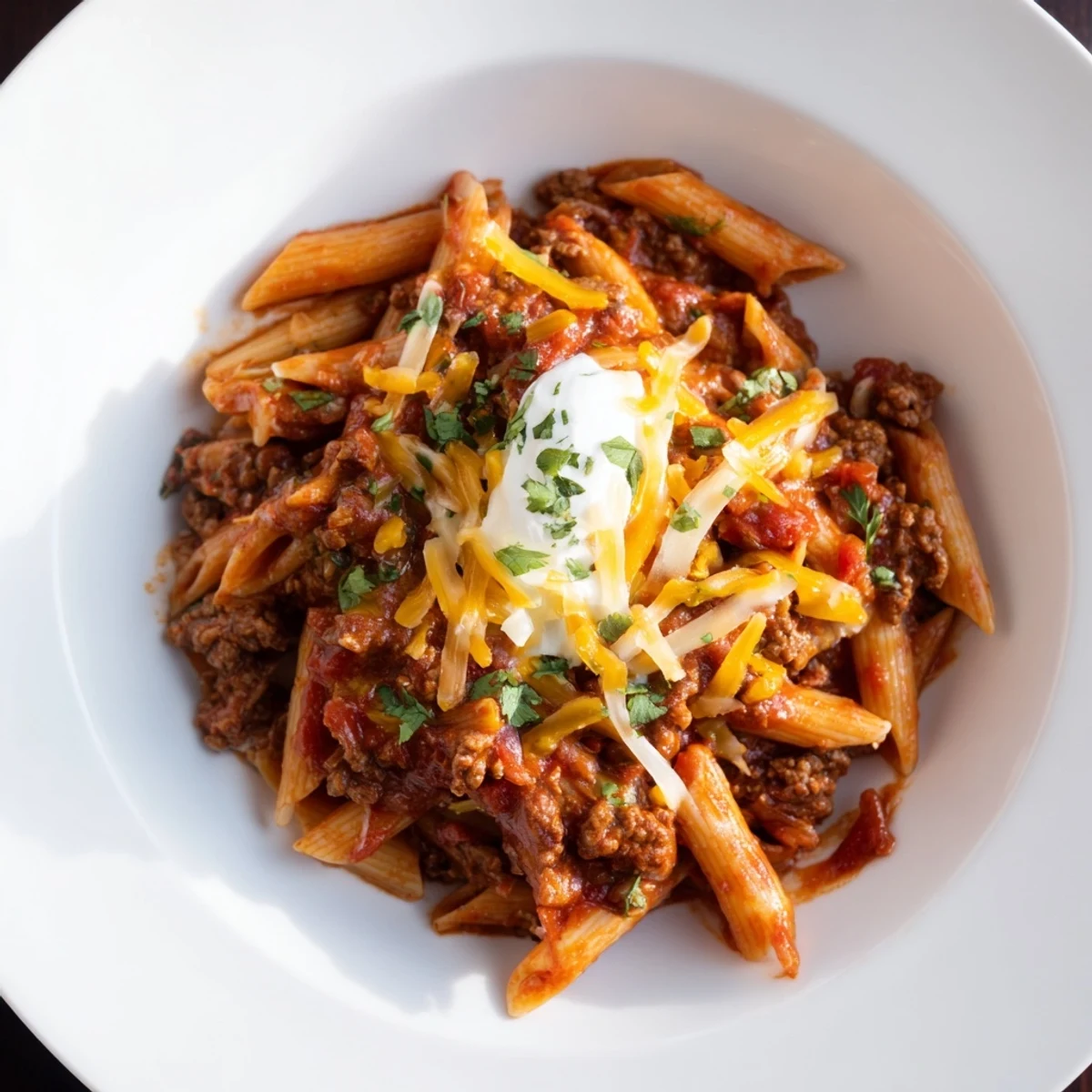 This easy beef enchilada pasta is topped with melted cheddar cheese ready for a delicious dinner.