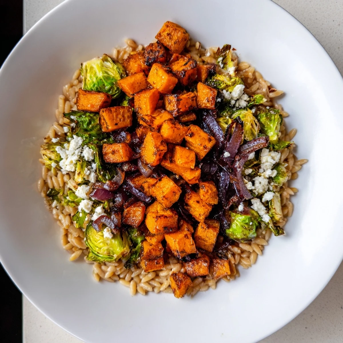 Vibrant Best Fall Harvest Orzo Salad with roasted veggies and creamy goat cheese, ready to eat.