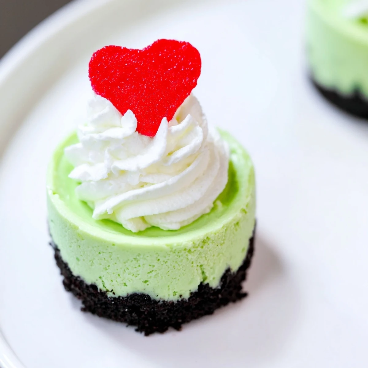 A delightful close-up of Grinch Mini Cheesecakes, ready to enjoy with a delicious Oreo cookie crust.