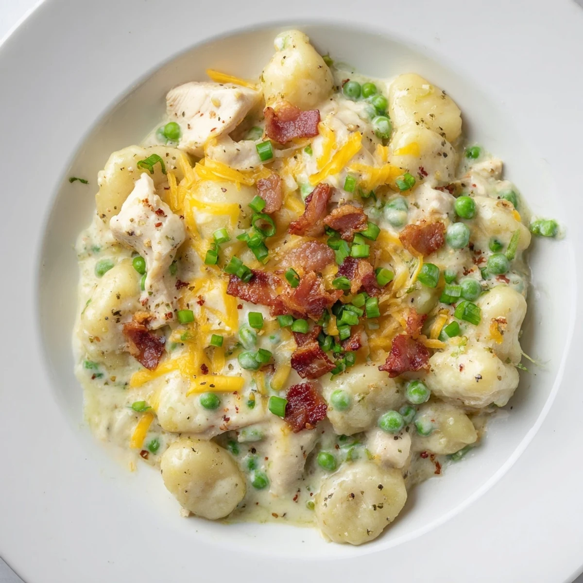 Creamy Crack Chicken Gnocchi bubbling in a skillet, showcasing the bacon and melted cheddar cheese topping a smooth sauce for a comforting dinner.