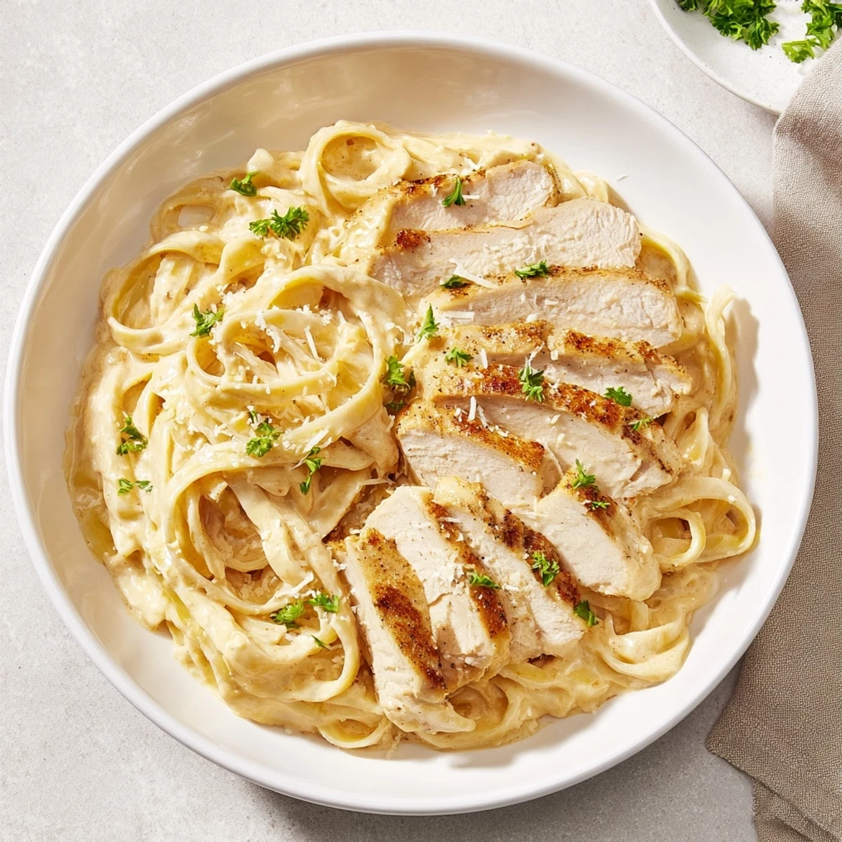 A close-up view of the rich, enticing Cajun Chicken Alfredo Fettuccine Pasta, garnished with fresh parsley.
