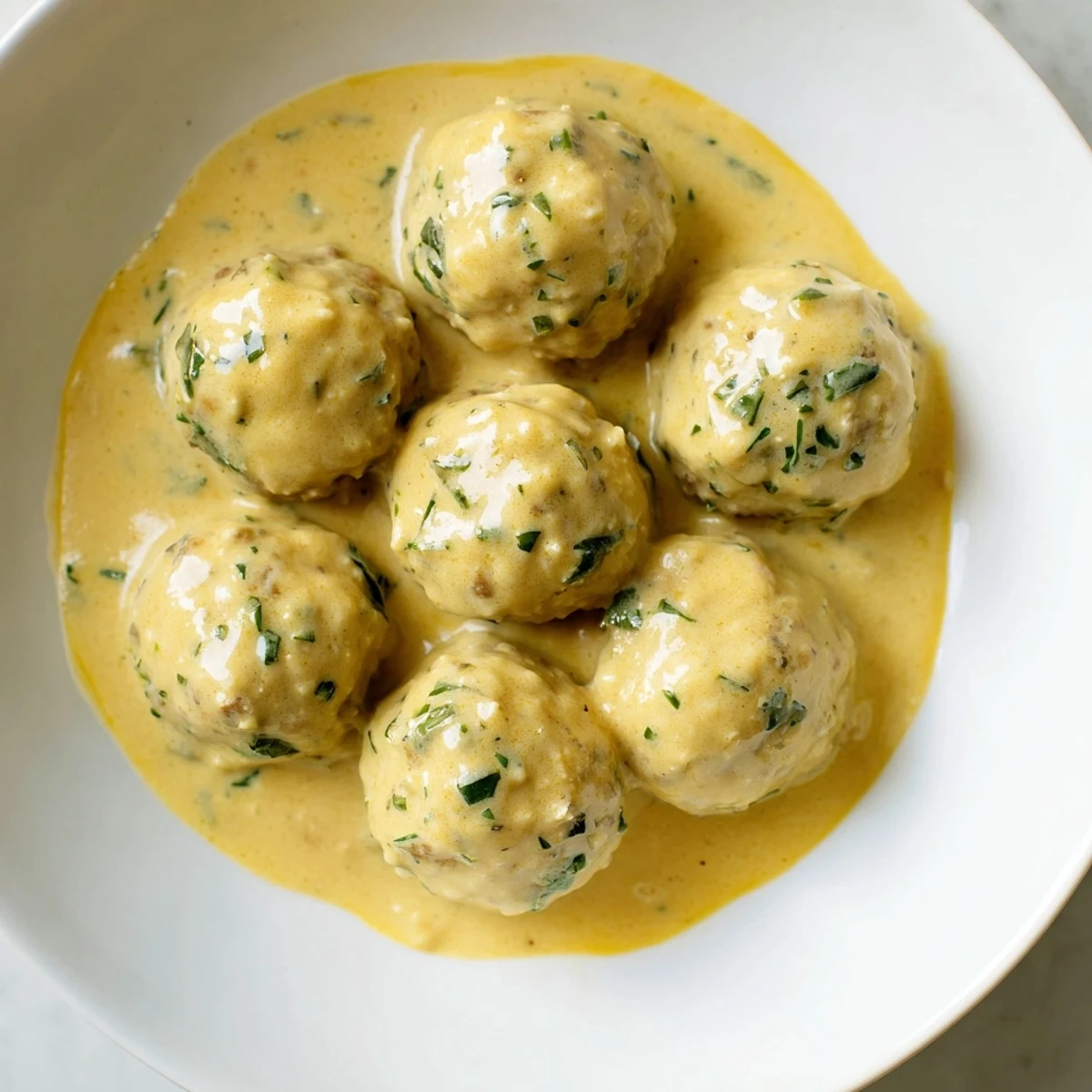 Golden-brown Turkey Meatballs in Pumpkin Sage Sauce, simmering in a creamy, flavorful sauce.