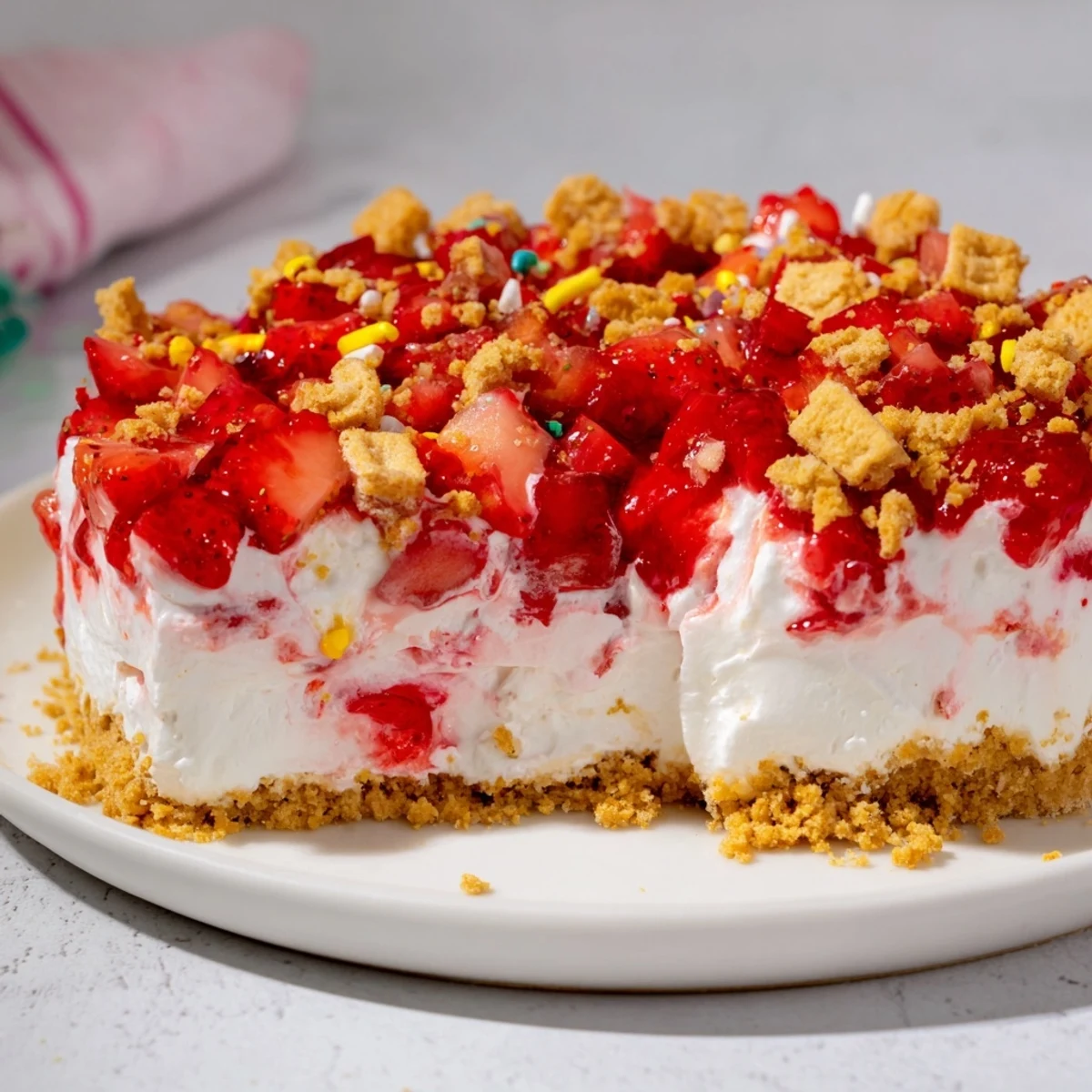A slice of Strawberry Shortcake Cheesecake showcasing the vibrant strawberry topping and creamy layers.