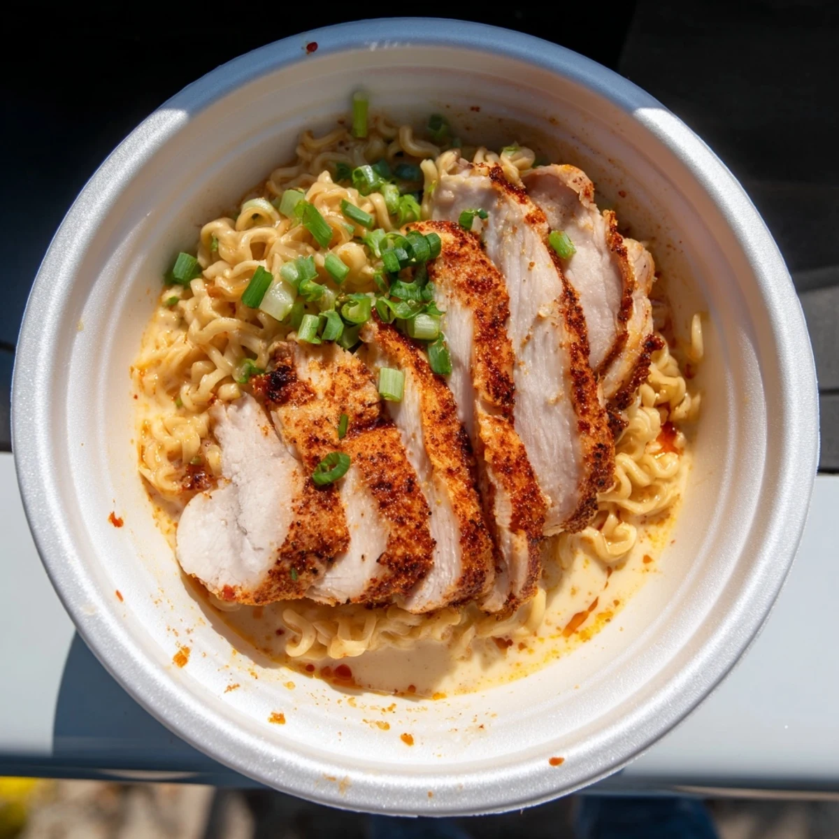 Delicious Fiery Chicken Ramen with tender chicken, a creamy garlic base, and vibrant green onion garnish displayed beautifully.